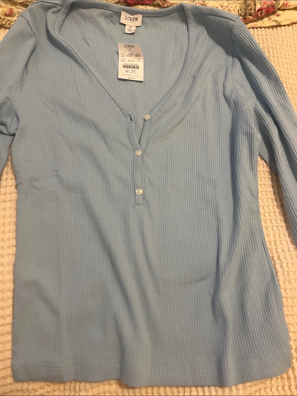 J. Crew Pastel Blue Ribbed Henley Long Sleeve Top